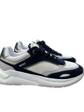 BOSS Navy, White and Silver Low-Top Mesh & Suede Sneakers